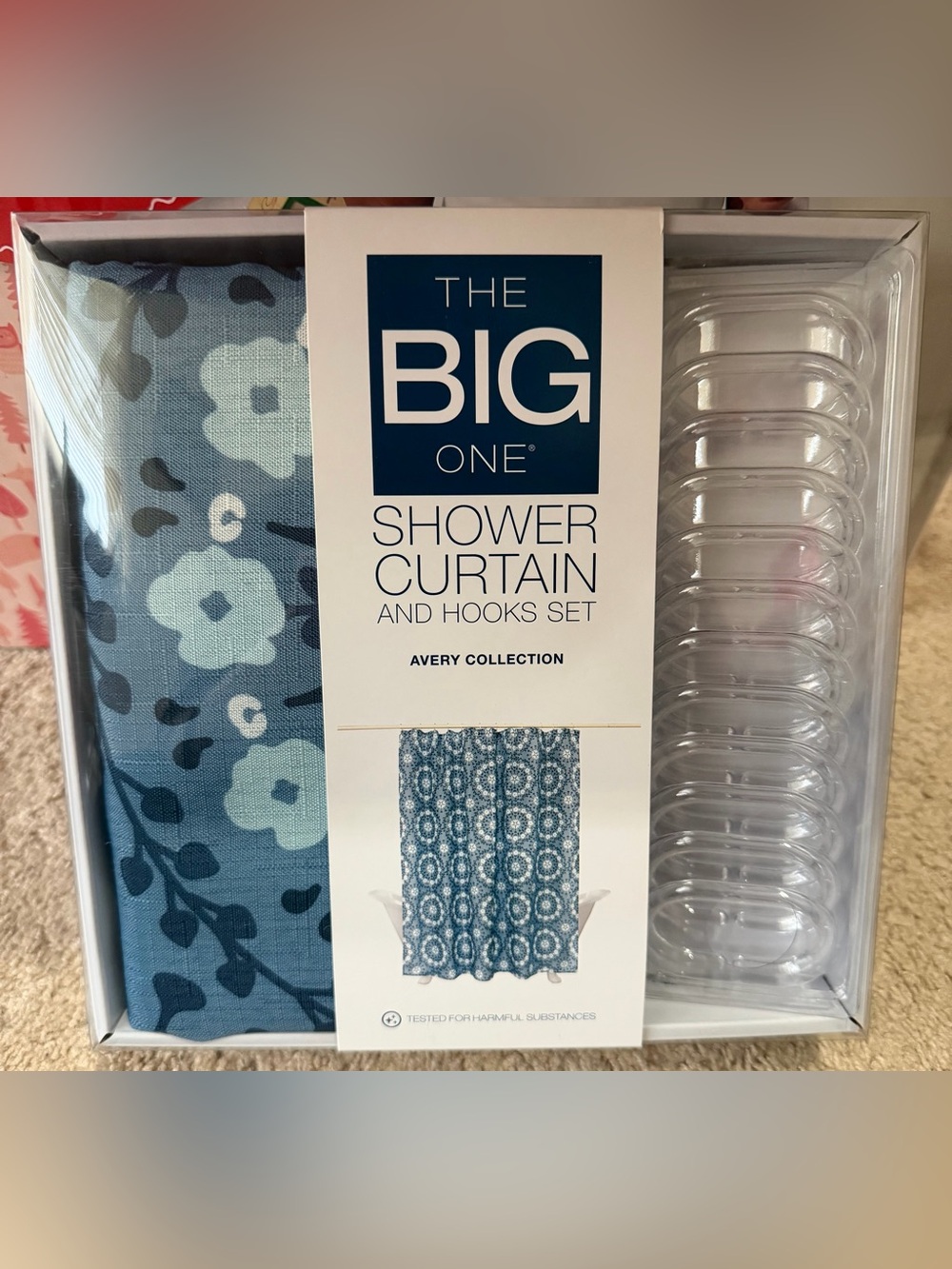 NWT. The Big One Blue Floral Shower Curtain and Hooks Set